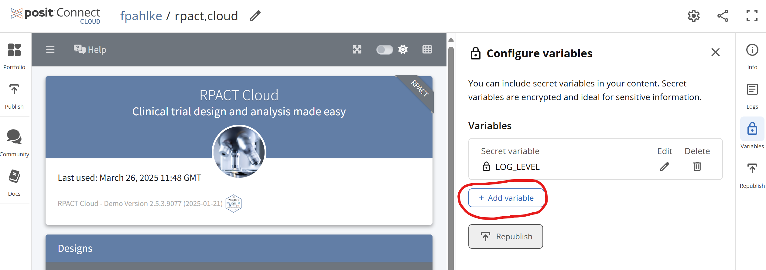 Screenshot showing the Add variable button in the Posit Connect Workbench